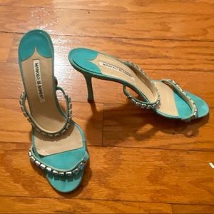 Manolo Blahnik Turquoise Suede Sandal with Rhinestones